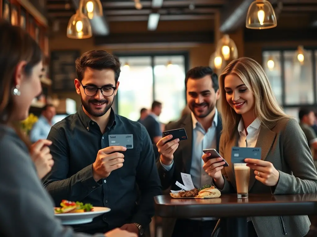 A set of Soldo corporate cards being used by employees at a coffee shop and a business lunch, highlighting the convenience and control offered by Soldo's card management features.