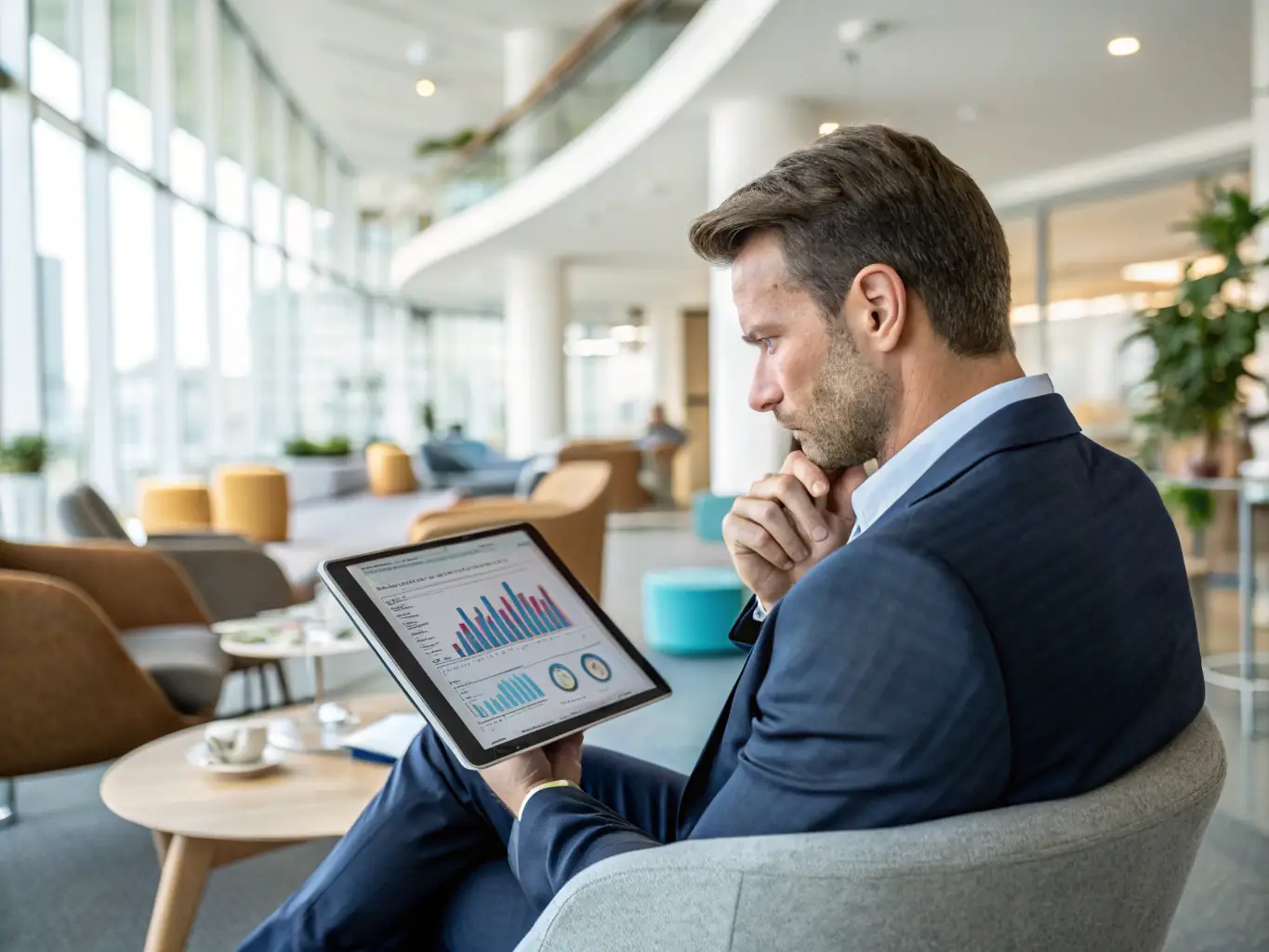 A professional businessman is reviewing financial reports on a tablet in a modern office setting, with charts and graphs displayed on the screen, symbolizing data-driven decision-making.