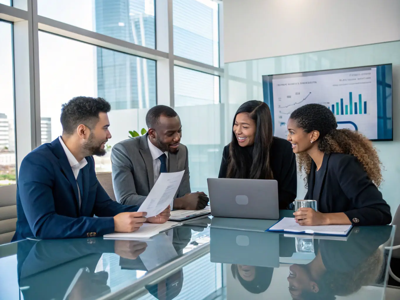 A diverse team of professionals collaborating around a table, discussing financial strategies and solutions, with laptops and documents spread out, representing teamwork and innovation.
